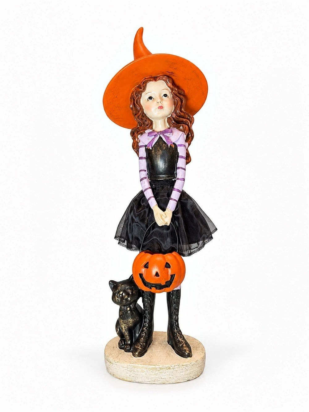 Bella Lux Halloween Witch Girl Figurine Black Cat Pumpkin Polyresin Ceramic 14.7